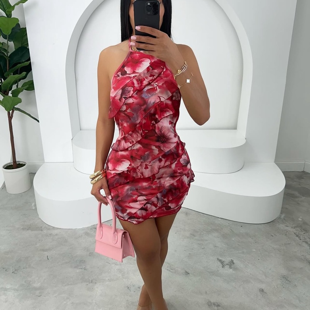 Floral Halter Neck Dress - Red
